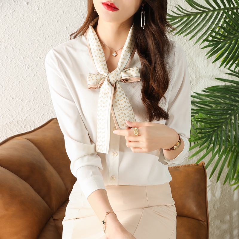 Profession white loose shirt chiffon spring bow tops