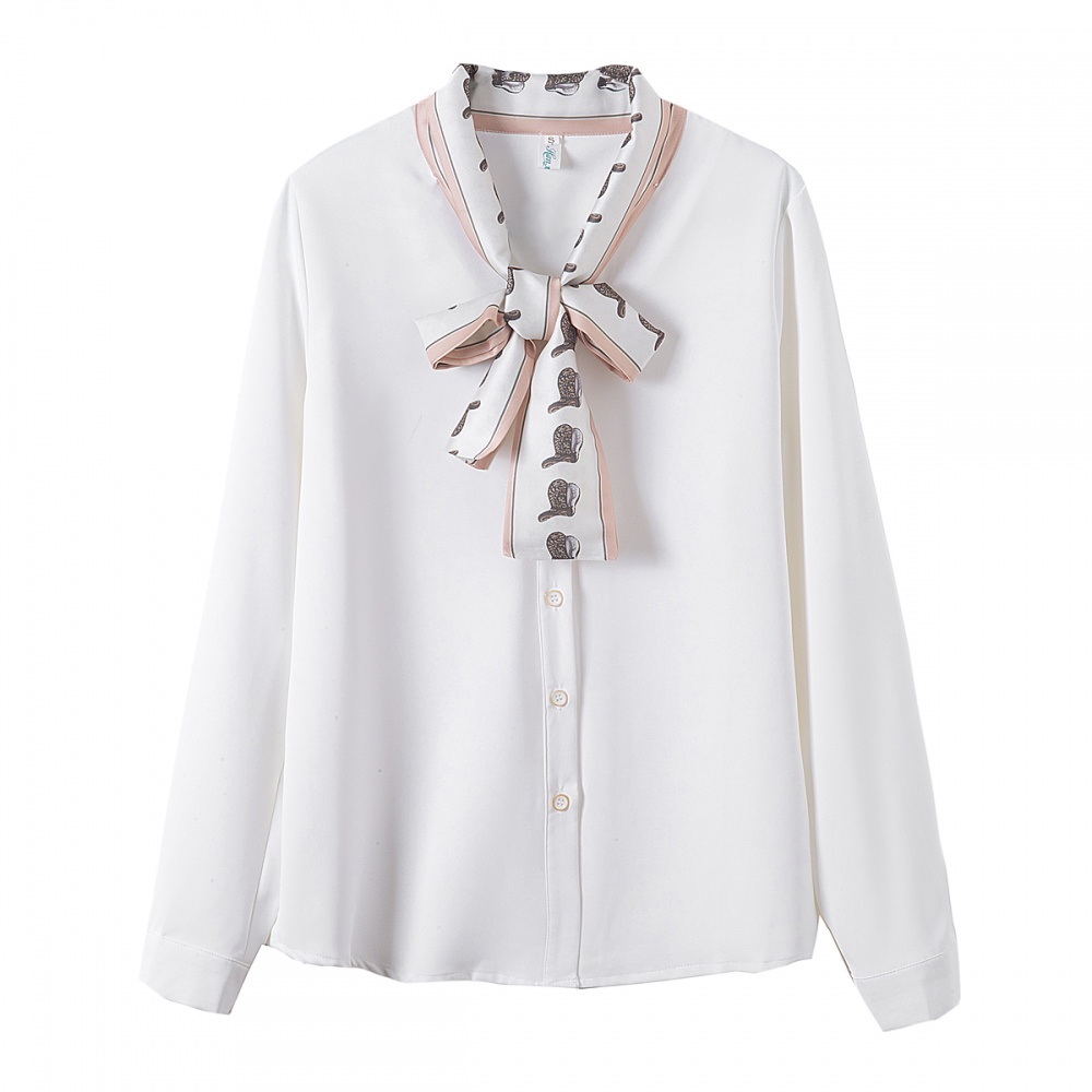 Profession white loose shirt chiffon spring bow tops