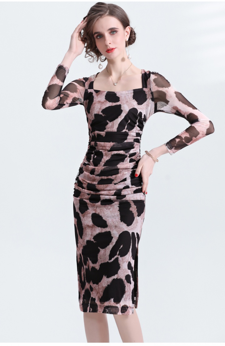 Slim square collar France style long dress split leopard dress