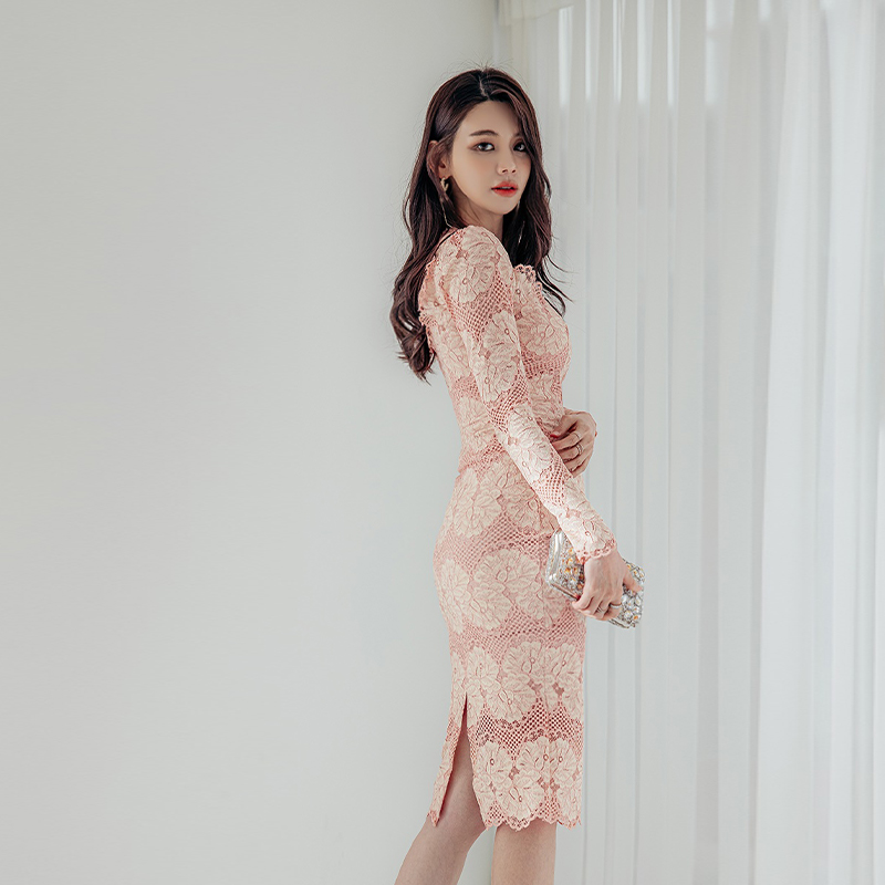 Lace slim spring round neck package hip sexy dress