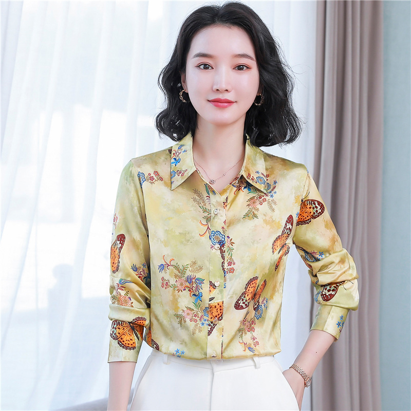 Printing silk butterfly tops satin spring shirt for women