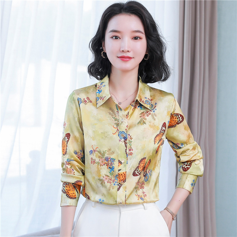 Printing silk butterfly tops satin spring shirt for women