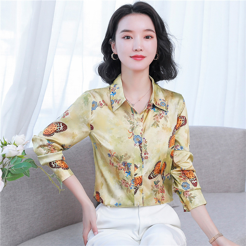 Printing silk butterfly tops satin spring shirt for women