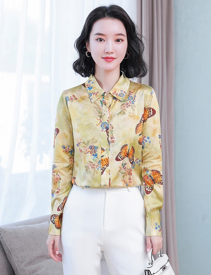 Printing silk butterfly tops satin spring shirt for women