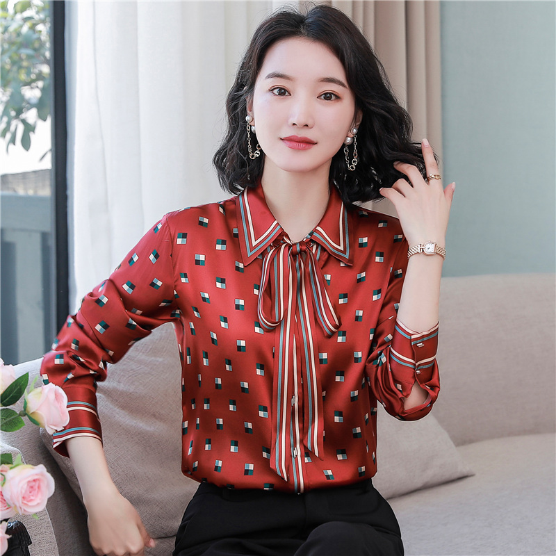 Printing fashion silk tops red long sleeve satin shirt