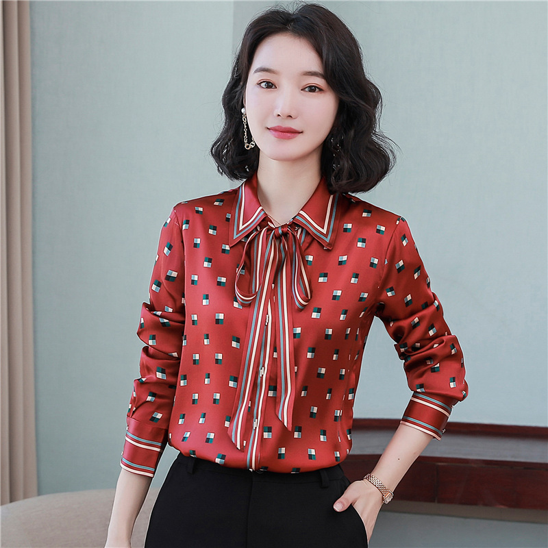 Printing fashion silk tops red long sleeve satin shirt