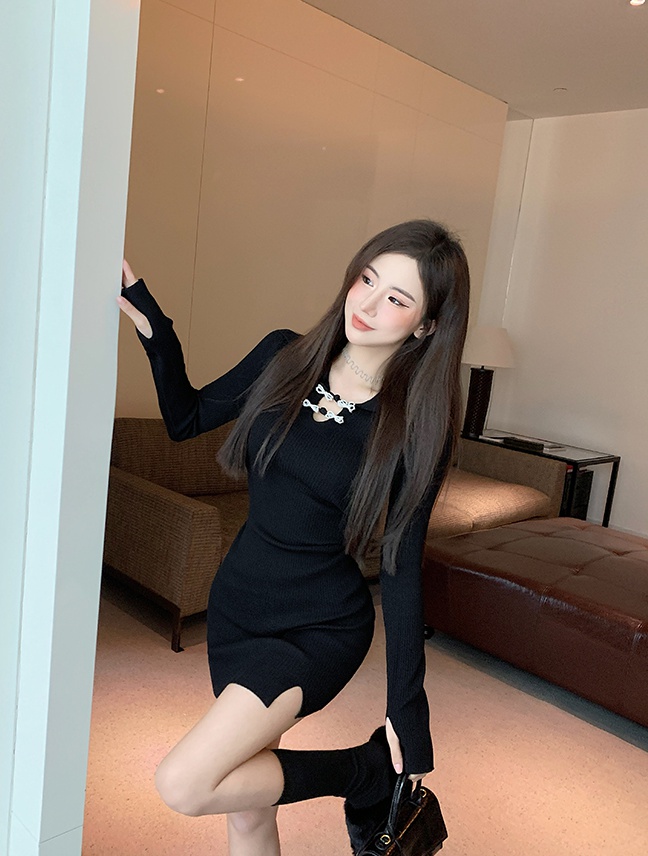 Pearl buckle short dress slim knitted cheongsam