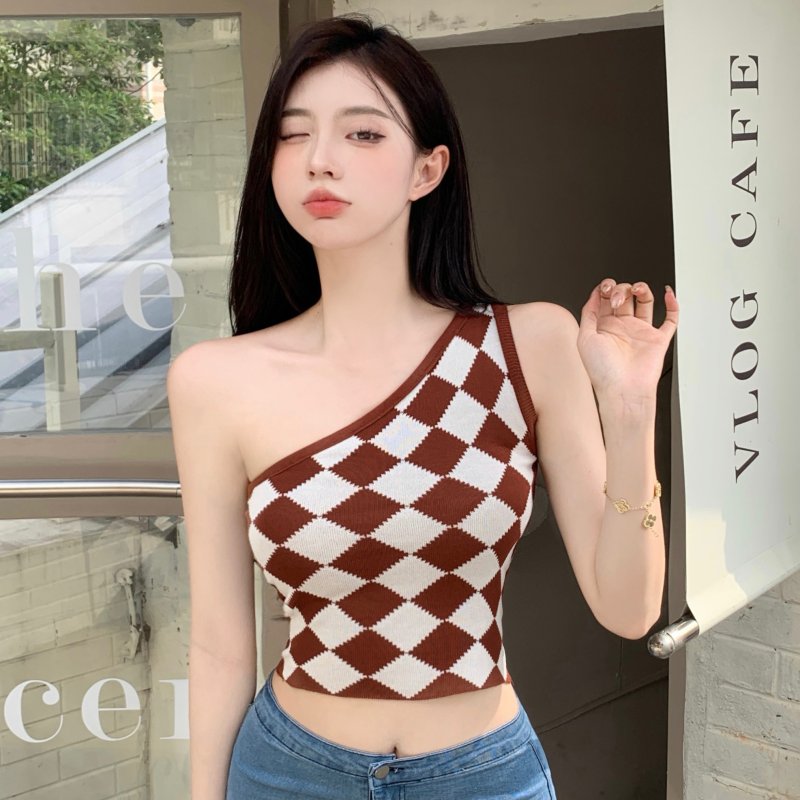 Bottoming chessboard tops sexy shoulder vest for women