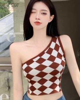 Bottoming chessboard tops sexy shoulder vest for women