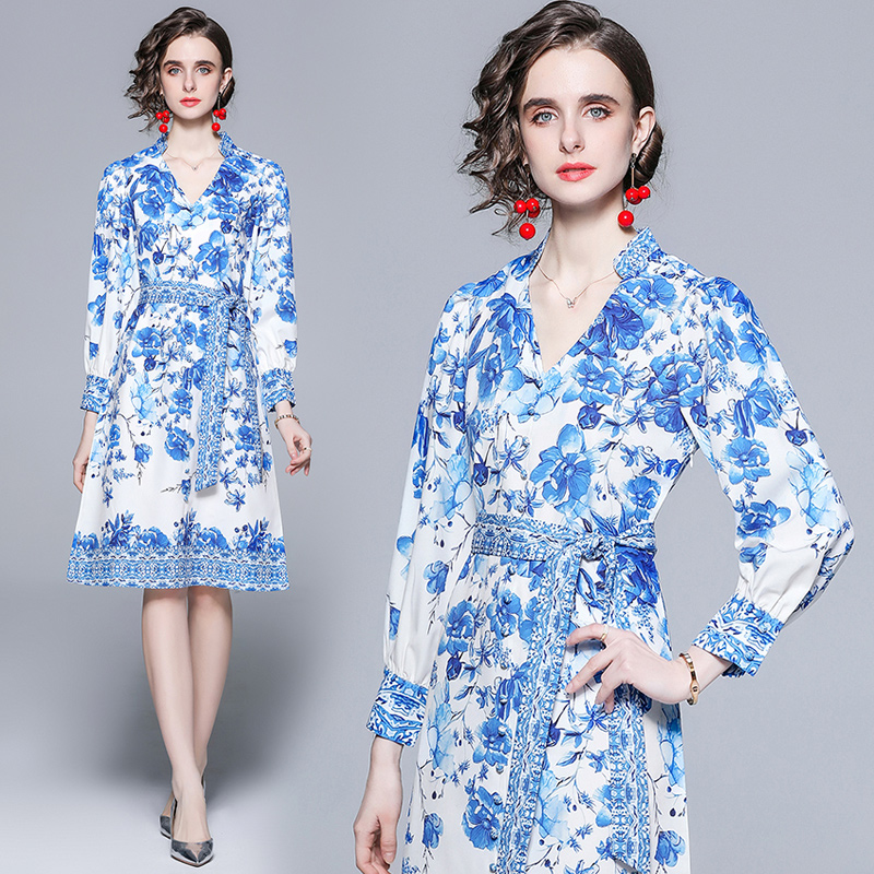 European style fashion puff sleeve printing dress