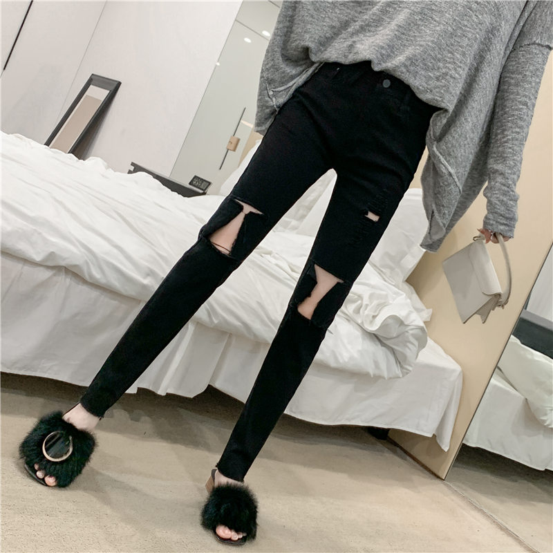 Feet holes show high nine pants high waist slim jeans for women