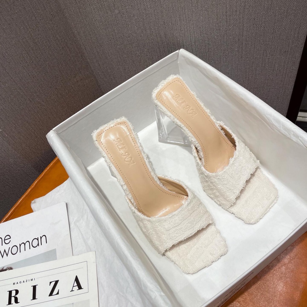 Crystal European style high-heeled square head slippers