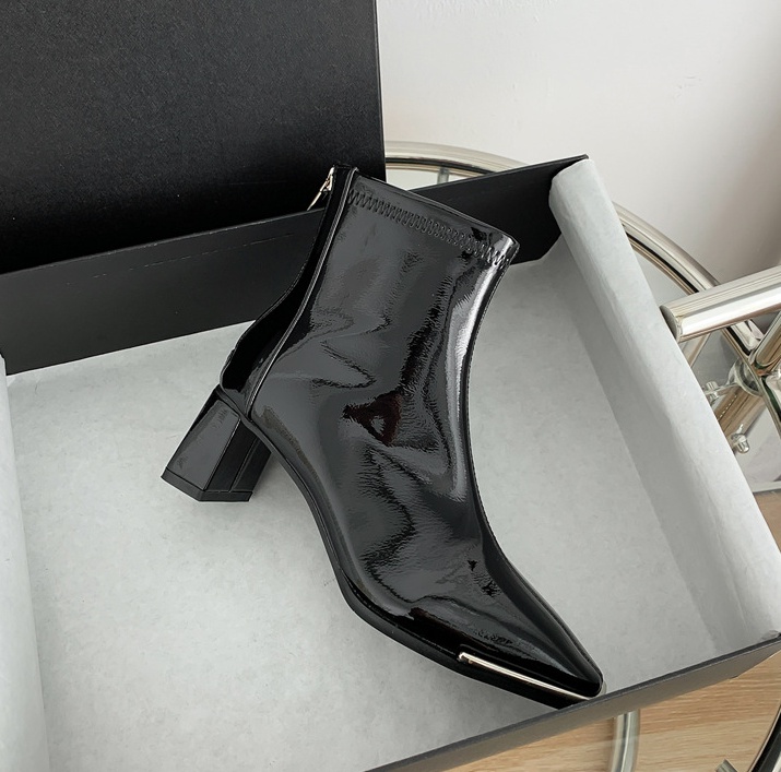 Metal glossy short boots middle-heel women's boots