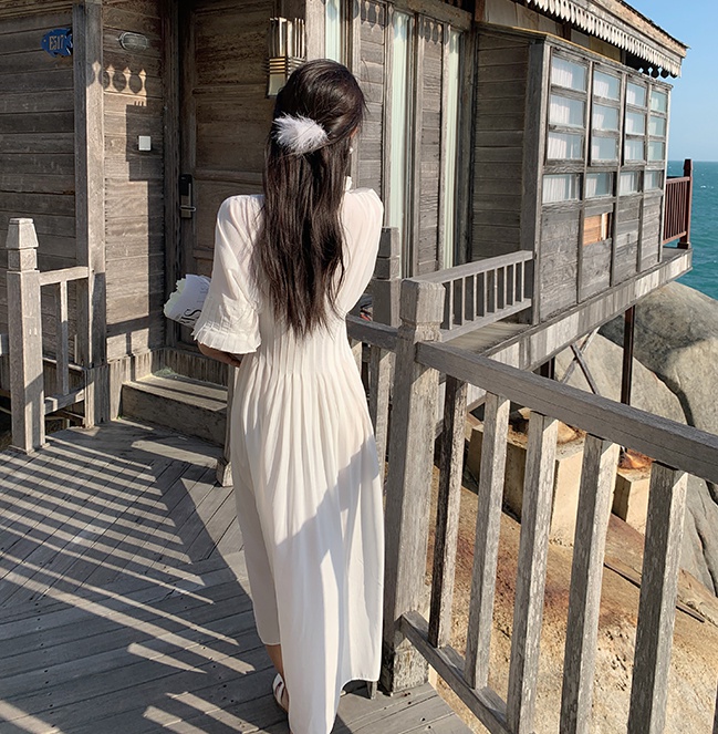 Simple court style white shirt vacation sandy beach dress