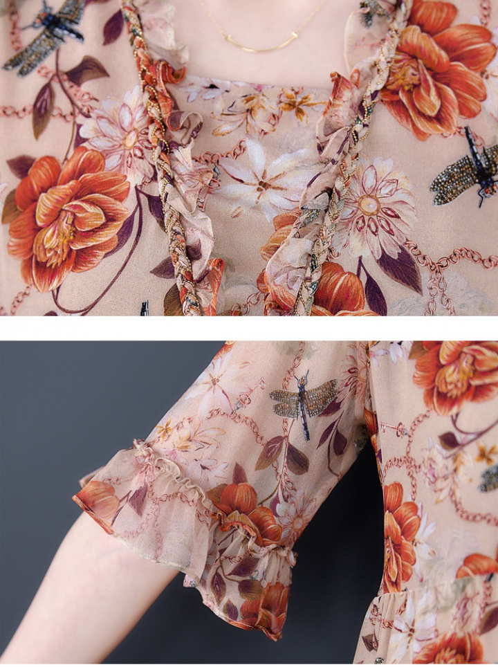 Silk summer printing long real silk dress for women
