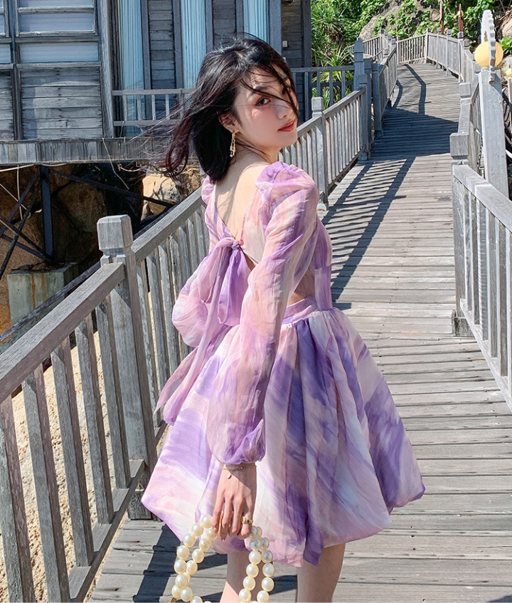 Halter bow purple seaside sandy beach dress for women