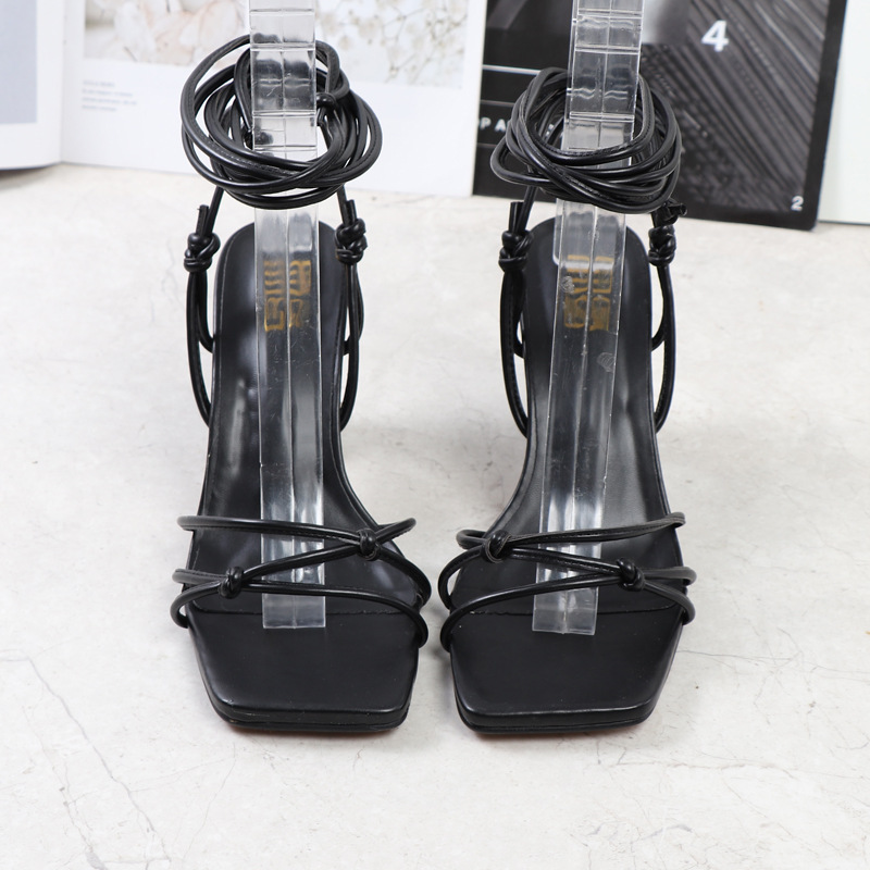 Square head bandage sandals pure high-heeled shoes