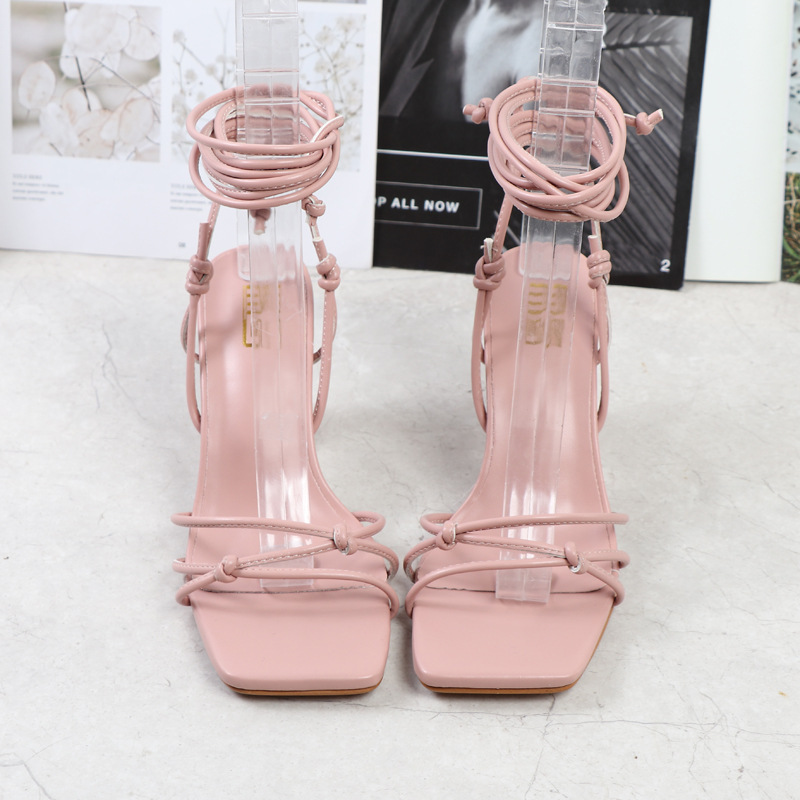 Square head bandage sandals pure high-heeled shoes