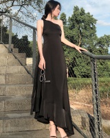Halter black long dress streamer sloping shoulder dress