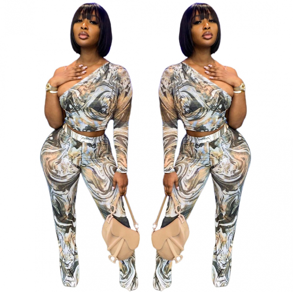 Fashion fold printing casual pants 2pcs set for women