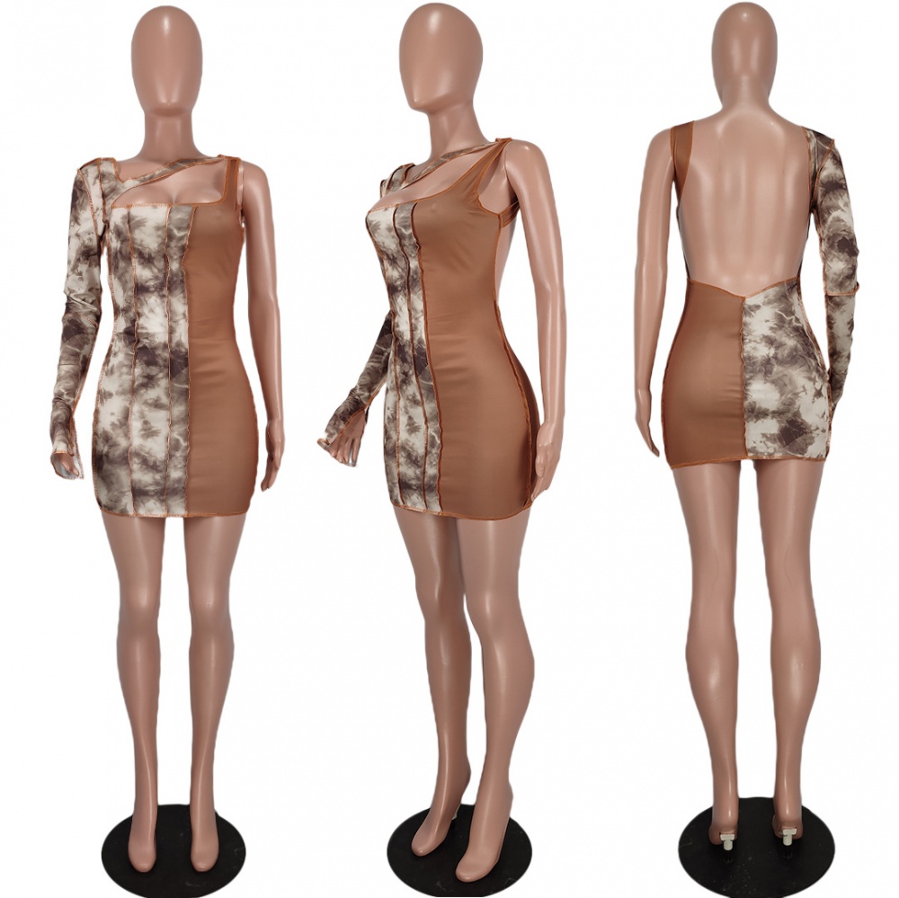 Printing sexy fashion European style splice halter sling dress