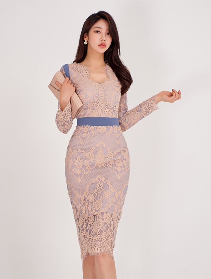 Split Korean style splice V-neck lace double color dress