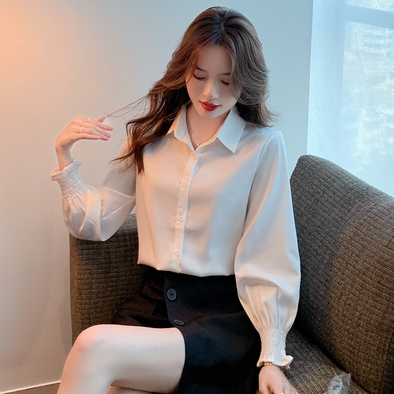 Trumpet sleeves white tops long sleeve shirt for women