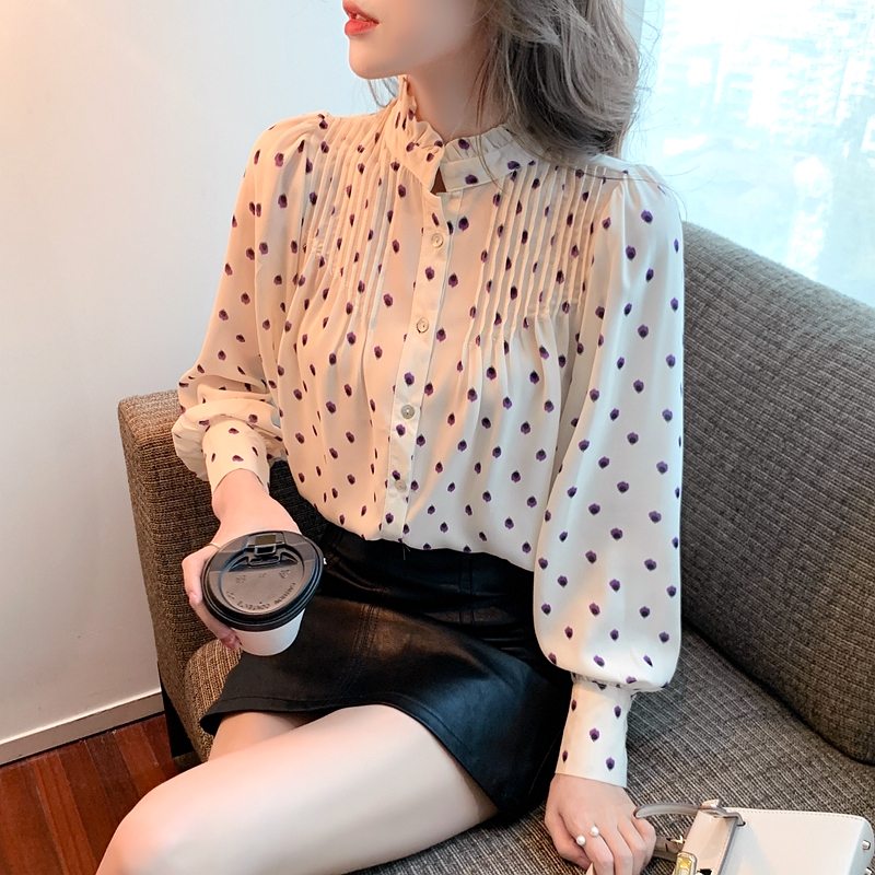 Long sleeve fold chiffon shirt bubble spring tops