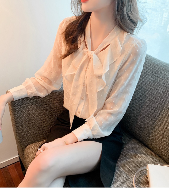 Spring chiffon lotus leaf edges shirt bow long sleeve tops