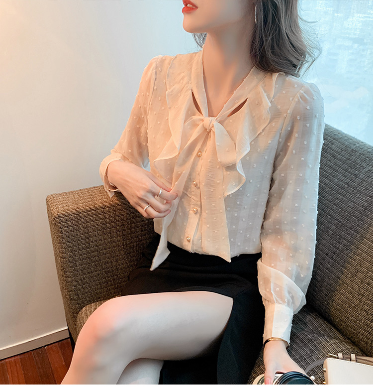 Spring chiffon lotus leaf edges shirt bow long sleeve tops