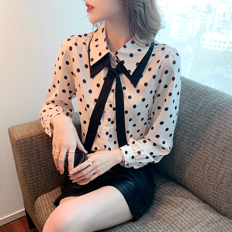 Polka dot bottoming tops spring bow shirt for women