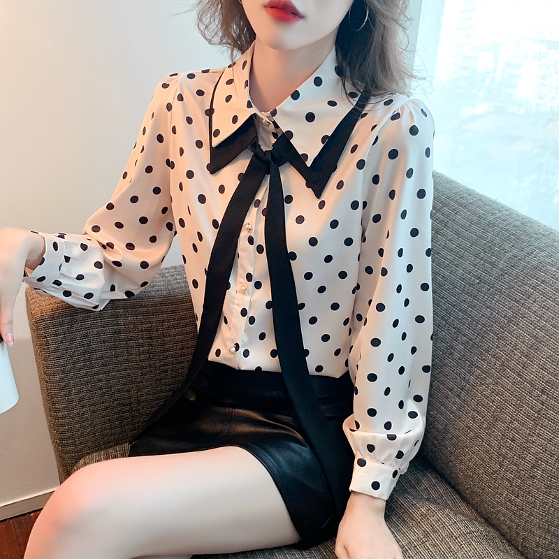 Polka dot bottoming tops spring bow shirt for women