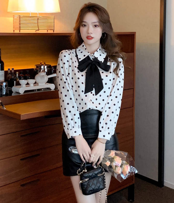 Polka dot bottoming tops spring bow shirt for women