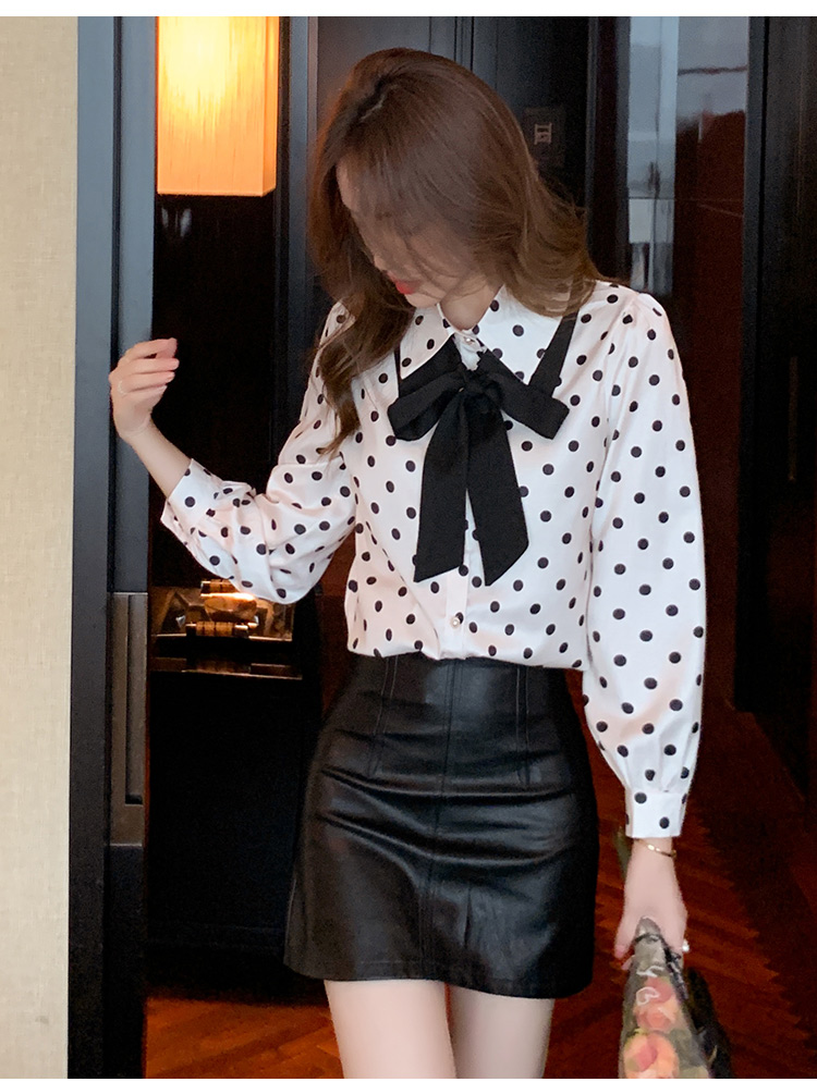 Polka dot bottoming tops spring bow shirt for women