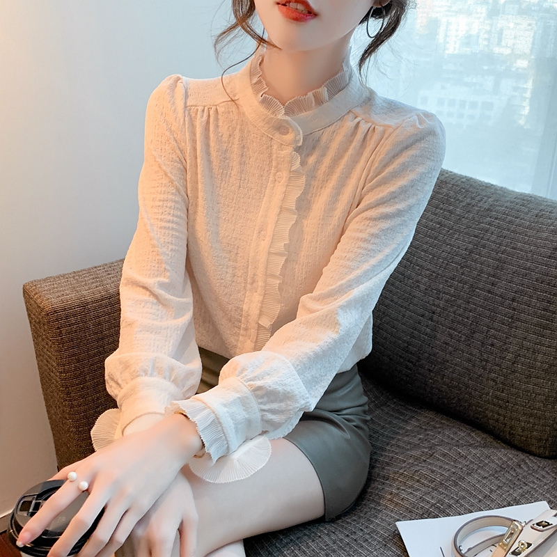 Chiffon long sleeve tops unique cstand collar shirt for women