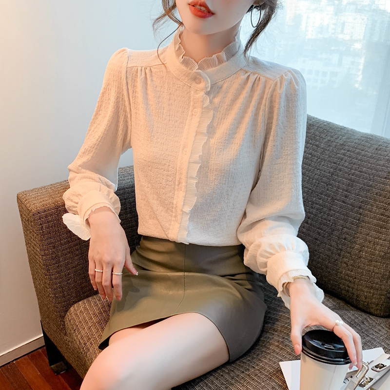 Chiffon long sleeve tops unique cstand collar shirt for women