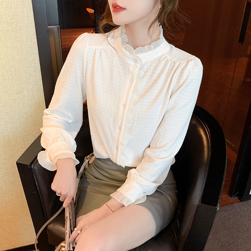 Chiffon long sleeve tops unique cstand collar shirt for women