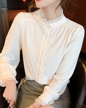 Chiffon long sleeve tops unique cstand collar shirt for women