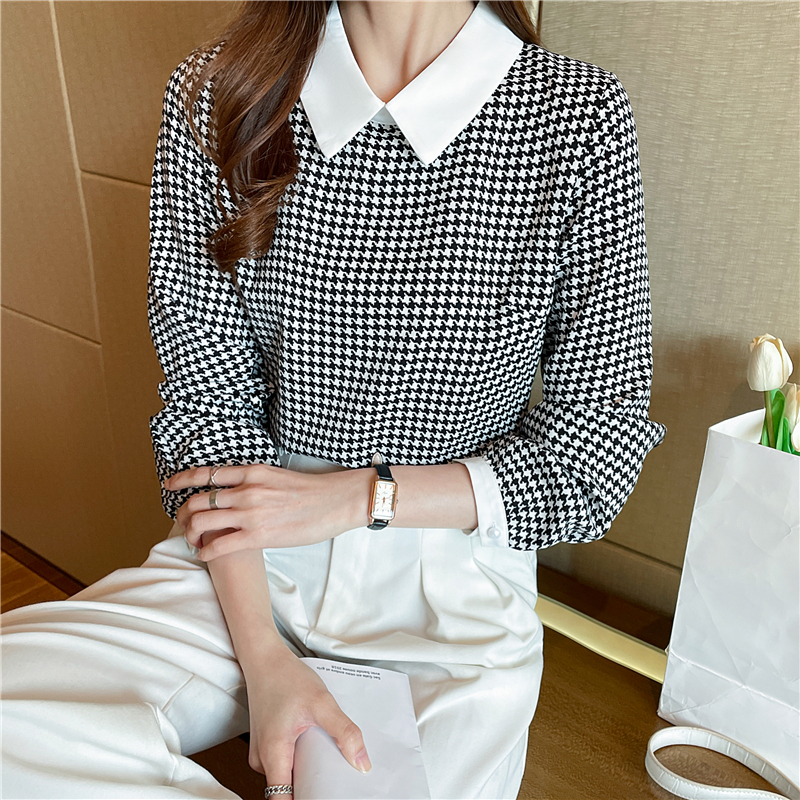 Long sleeve splice tops chiffon shirt for women