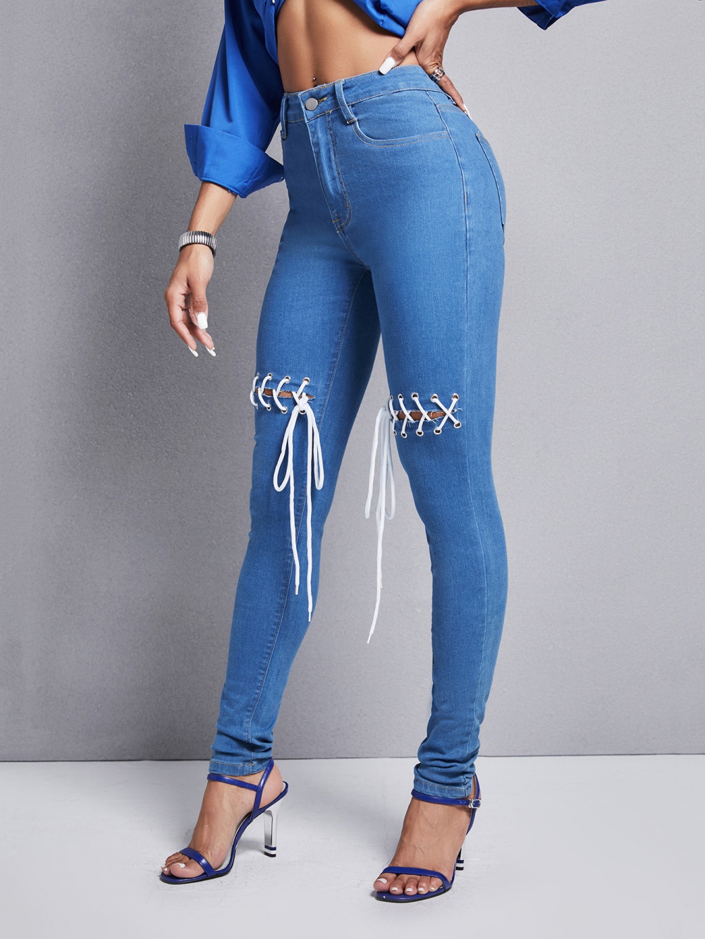 High waist straps European style elasticity jeans
