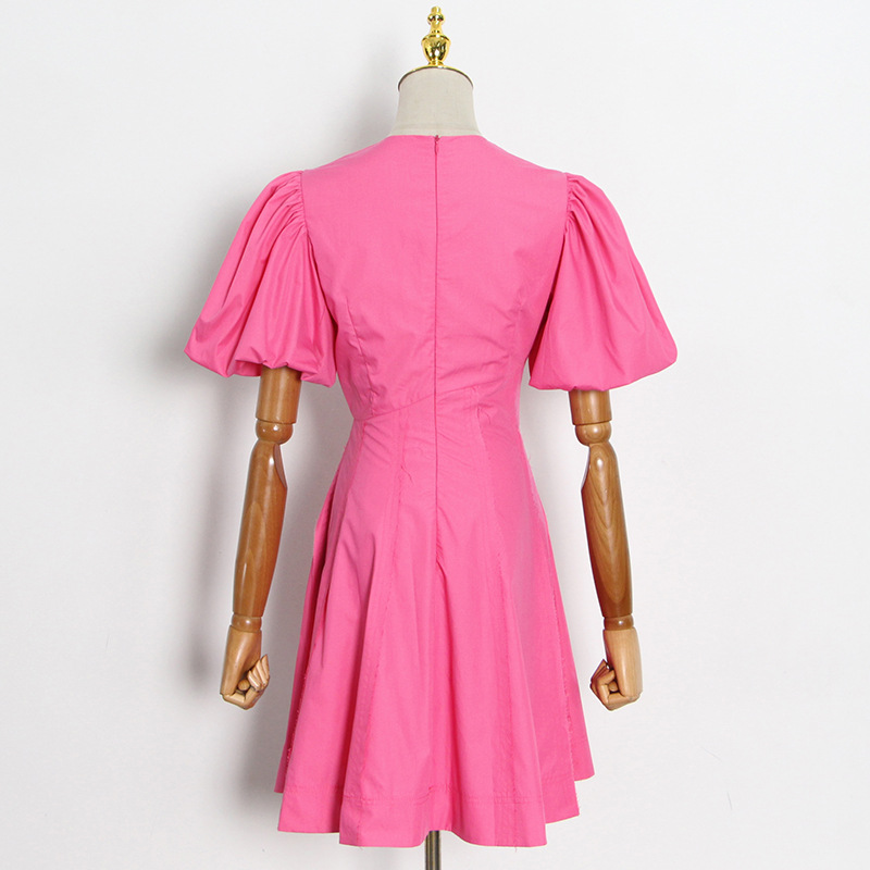 France style rose-red hollow T-back waist puff sleeve dress