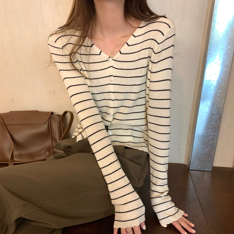 Knitted Korean style spring cardigan V-neck stripe coat