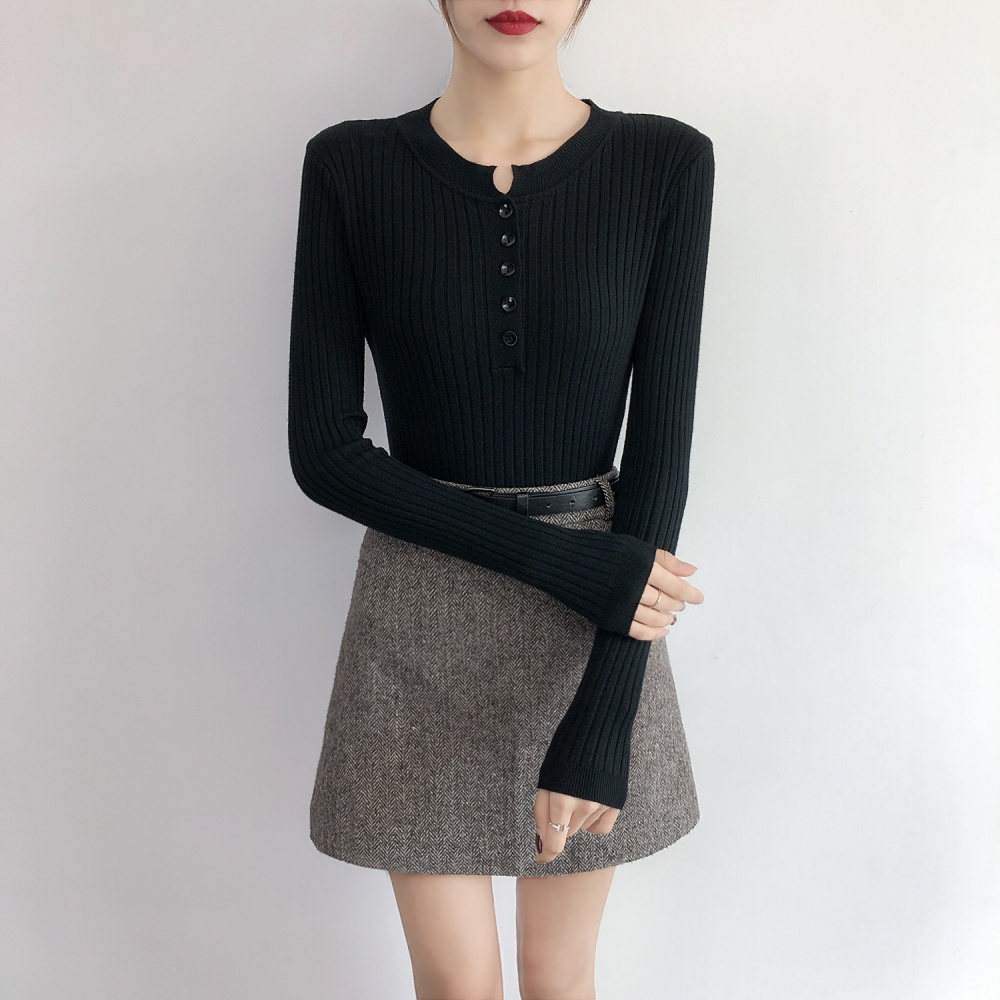 Autumn and winter buckle knitted tops slim thin sweater