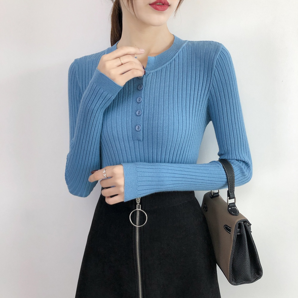 Autumn and winter buckle knitted tops slim thin sweater