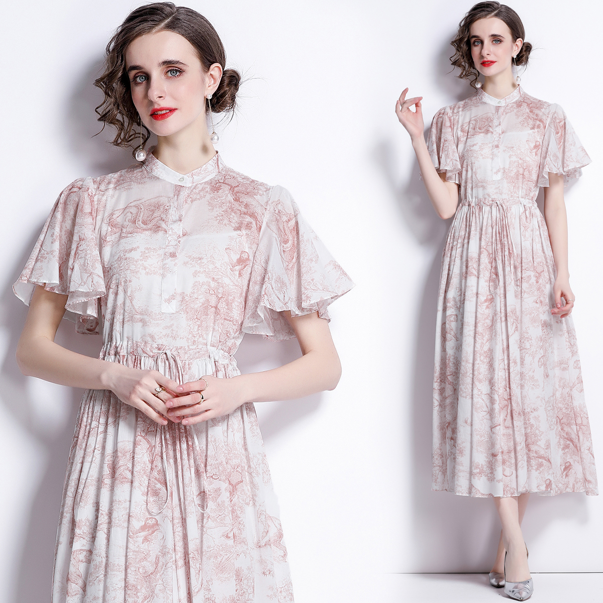 Long cotton spring pattern printing drawstring dress