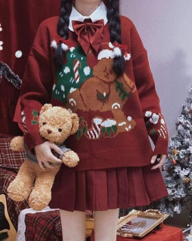Retro jacquard pleated skirt christmas cubs red sweater a set