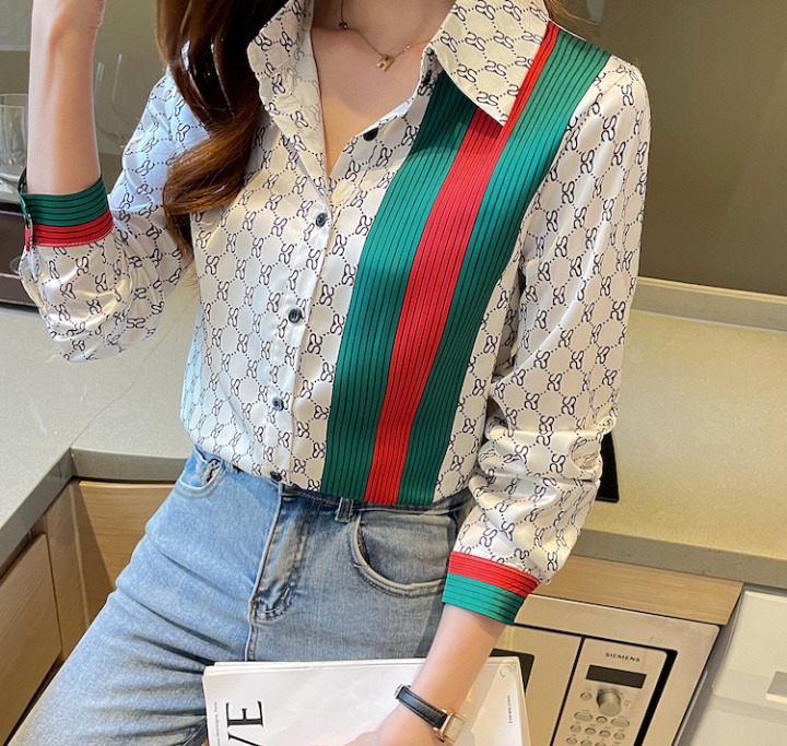 Plaid stripe tops spring and autumn satin shirt for women