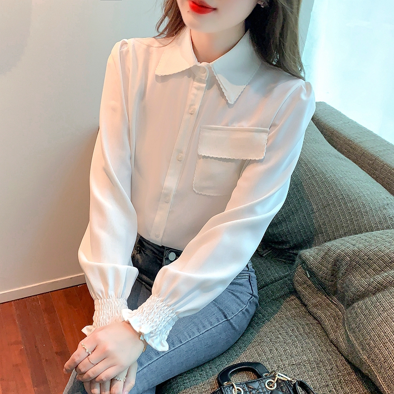 White long sleeve shirt chiffon tops for women