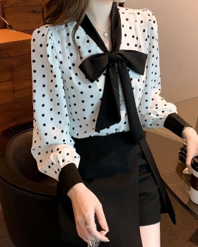 Satin spring V-neck shirt retro polka dot tops for women