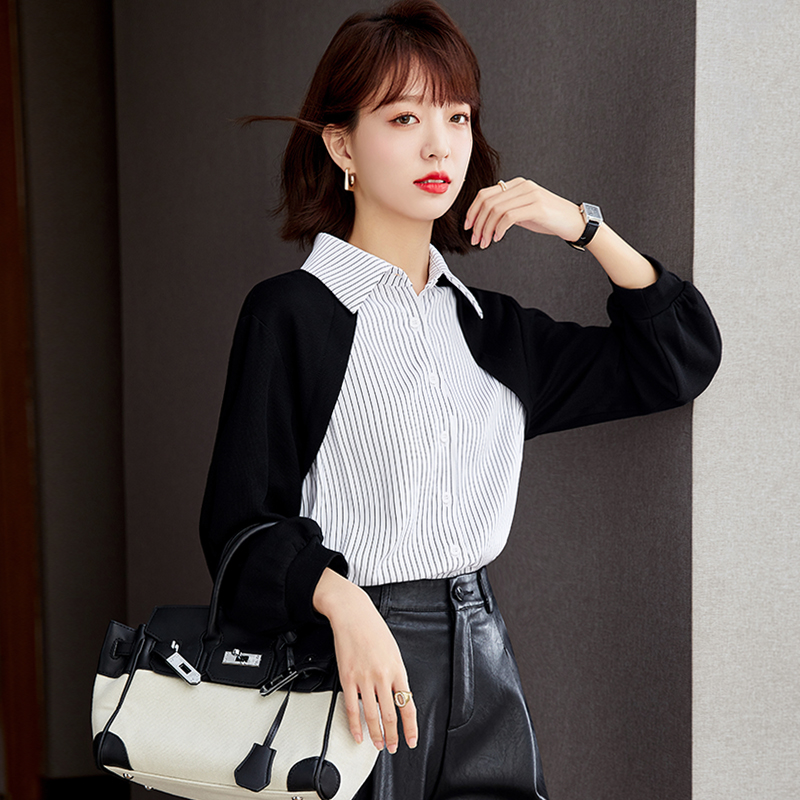 Loose Pseudo-two all-match tops spring chiffon shirt for women